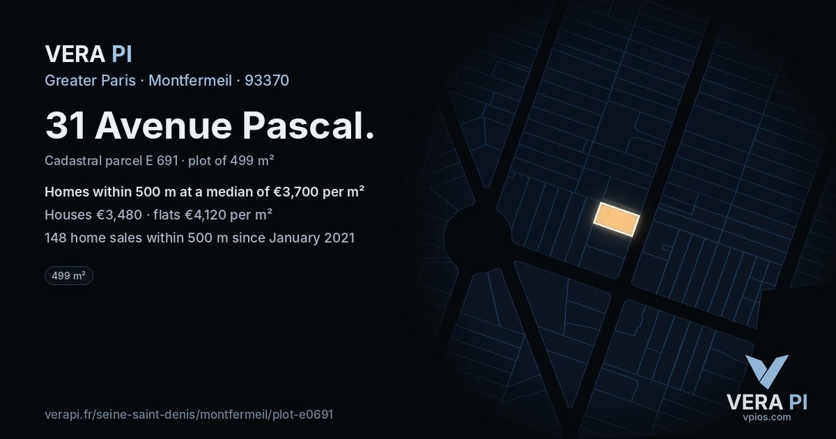 31 Avenue Pascal, Montfermeil at night – the plot lit, the parcels around coloured by the prices near them