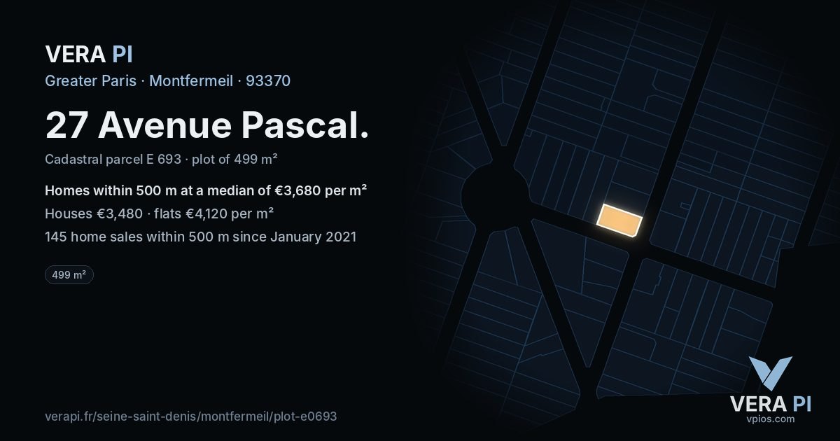 27 Avenue Pascal, Montfermeil at night – the plot lit, the parcels around coloured by the prices near them