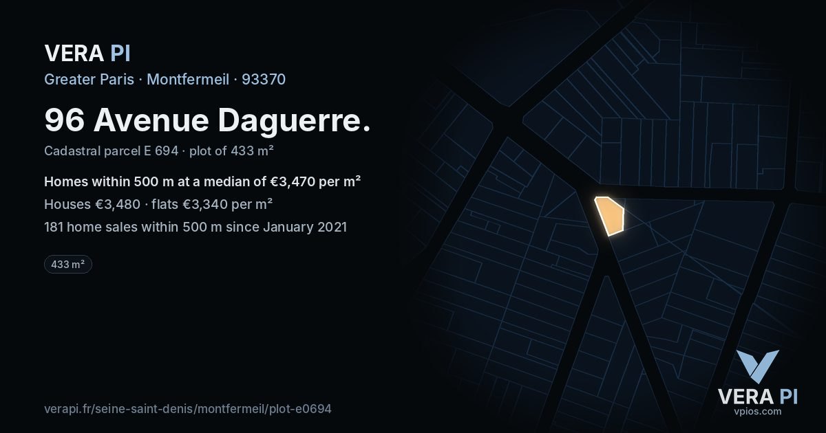 96 Avenue Daguerre, Montfermeil at night – the plot lit, the parcels around coloured by the prices near them