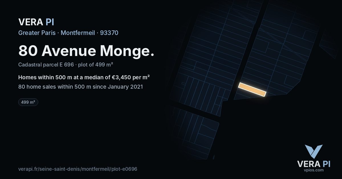 80 Avenue Monge, Montfermeil at night – the plot lit, the parcels around coloured by the prices near them
