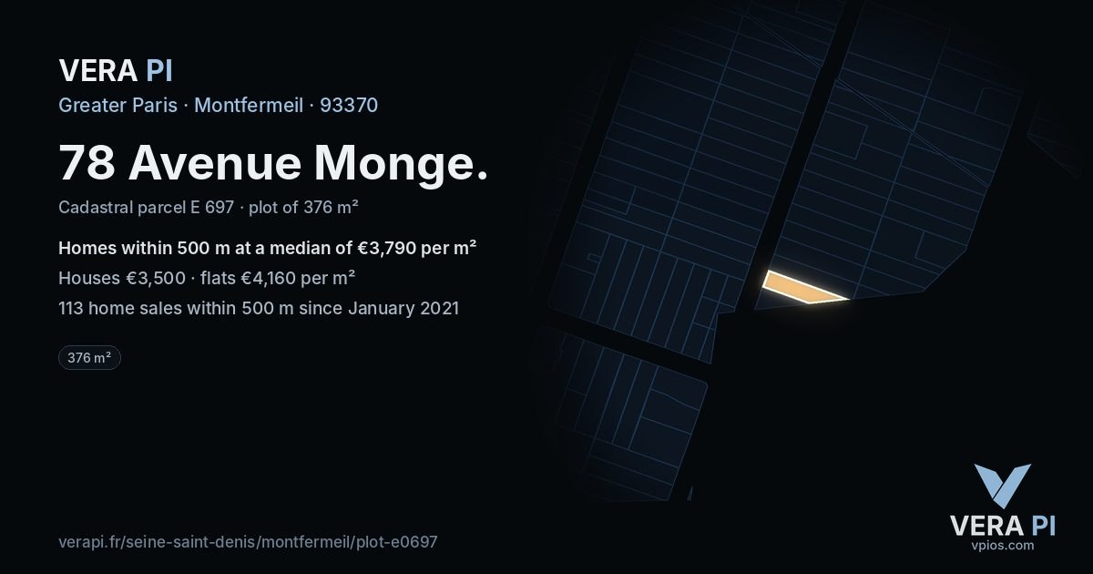 78 Avenue Monge, Montfermeil at night – the plot lit, the parcels around coloured by the prices near them