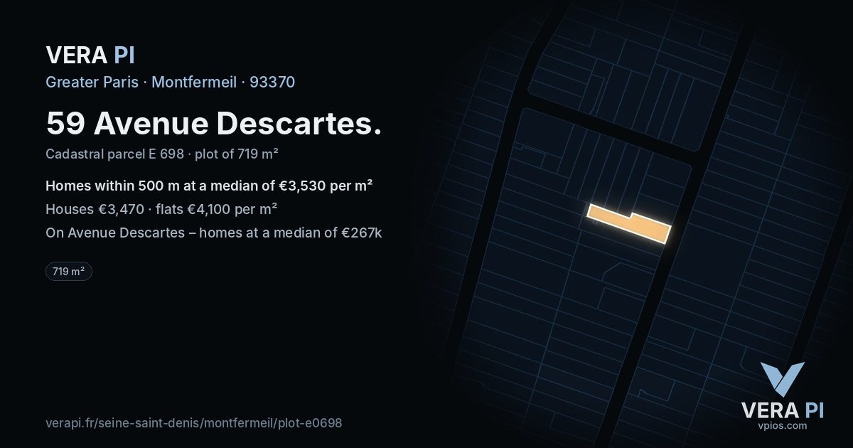 59 Avenue Descartes, Montfermeil at night – the plot lit, the parcels around coloured by the prices near them