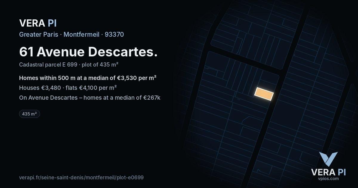 61 Avenue Descartes, Montfermeil at night – the plot lit, the parcels around coloured by the prices near them