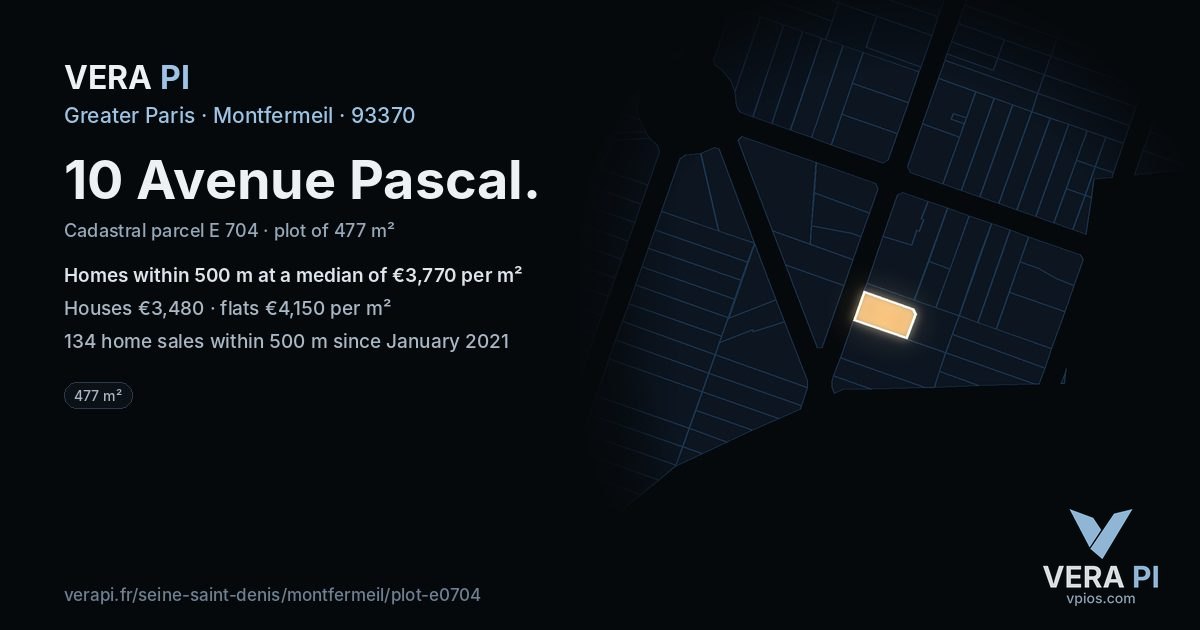 10 Avenue Pascal, Montfermeil at night – the plot lit, the parcels around coloured by the prices near them