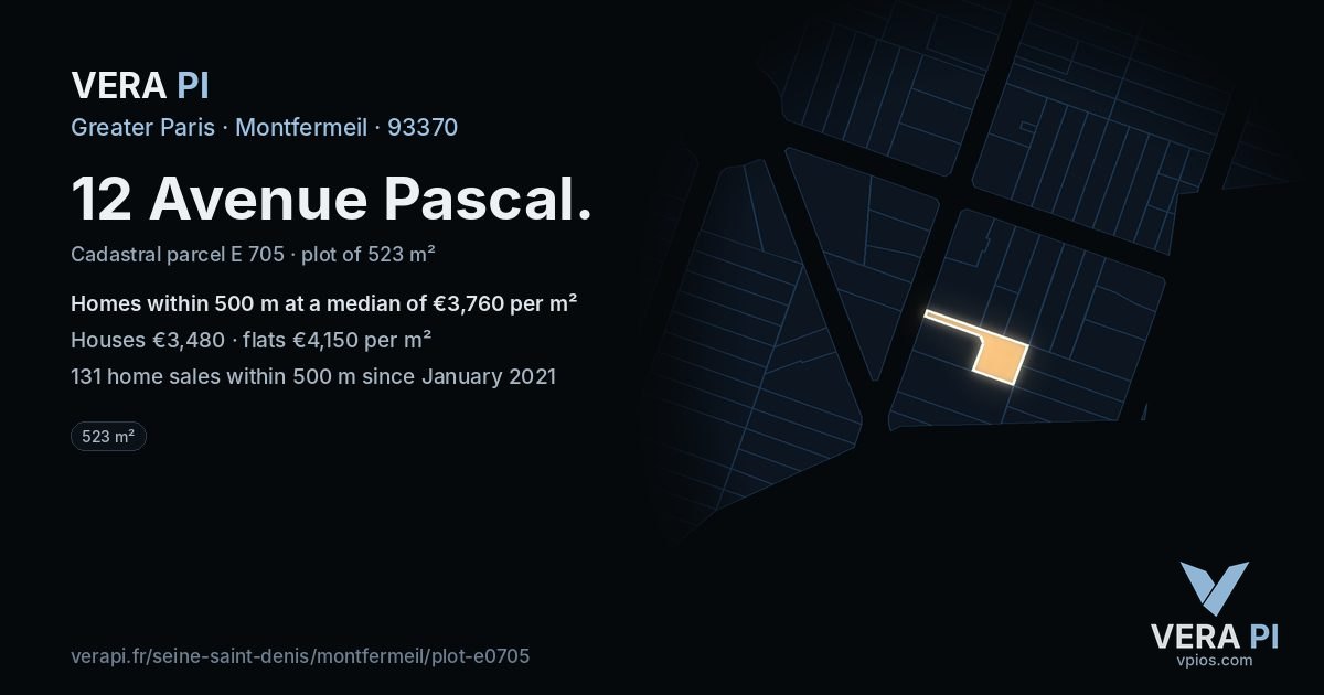 12 Avenue Pascal, Montfermeil at night – the plot lit, the parcels around coloured by the prices near them