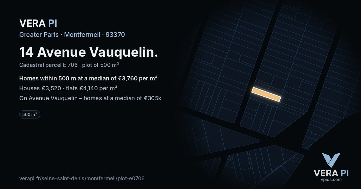14 Avenue Vauquelin, Montfermeil at night – the plot lit, the parcels around coloured by the prices near them
