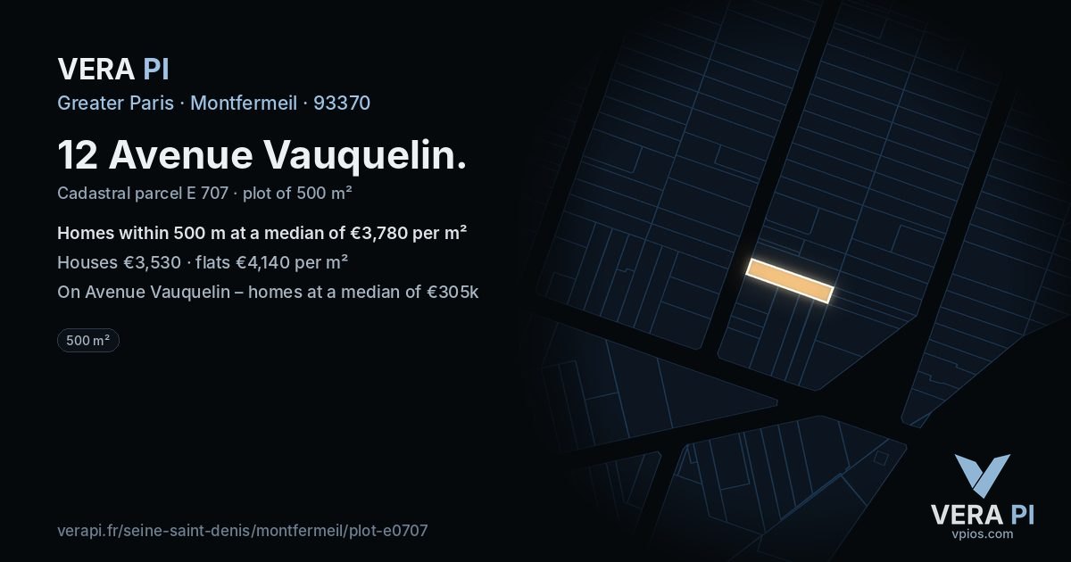 12 Avenue Vauquelin, Montfermeil at night – the plot lit, the parcels around coloured by the prices near them