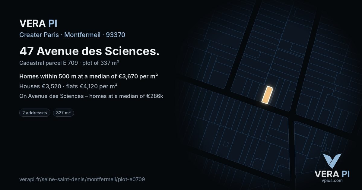 47 Avenue des Sciences, Montfermeil at night – the plot lit, the parcels around coloured by the prices near them