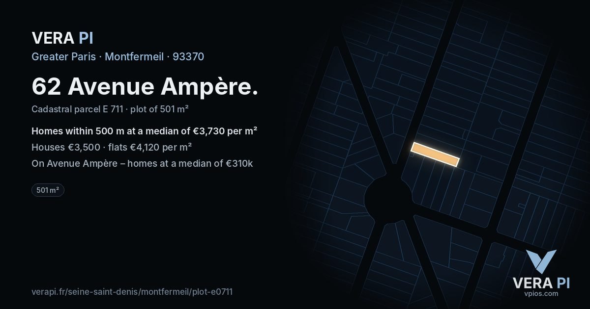 62 Avenue Ampère, Montfermeil at night – the plot lit, the parcels around coloured by the prices near them