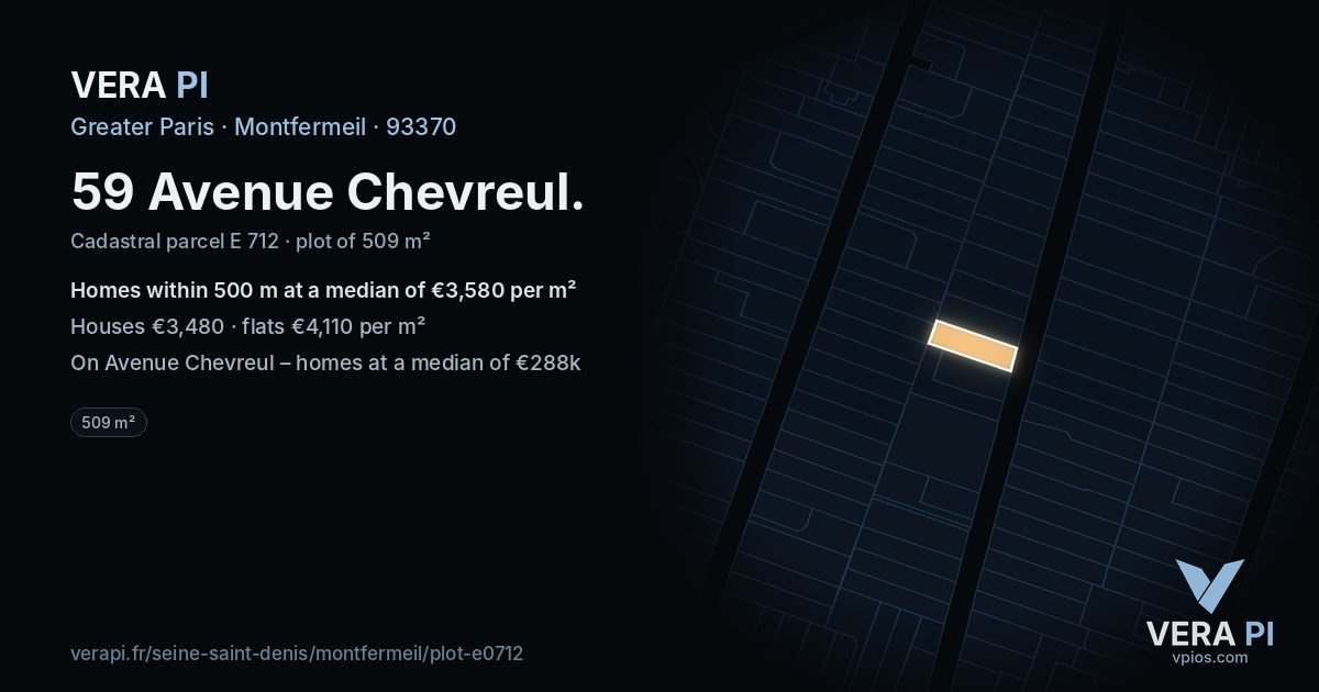 59 Avenue Chevreul, Montfermeil at night – the plot lit, the parcels around coloured by the prices near them