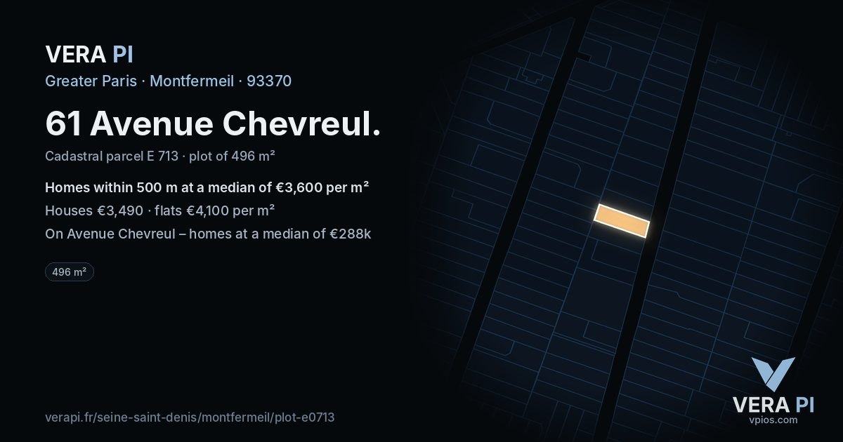 61 Avenue Chevreul, Montfermeil at night – the plot lit, the parcels around coloured by the prices near them