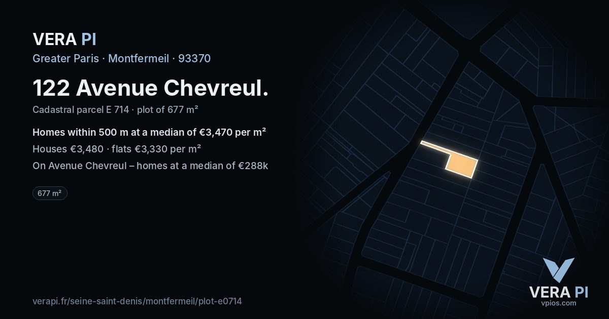 122 Avenue Chevreul, Montfermeil at night – the plot lit, the parcels around coloured by the prices near them