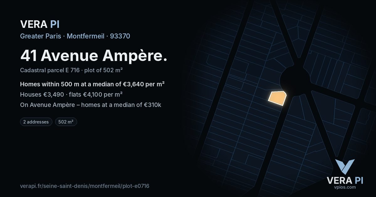 41 Avenue Ampère, Montfermeil at night – the plot lit, the parcels around coloured by the prices near them