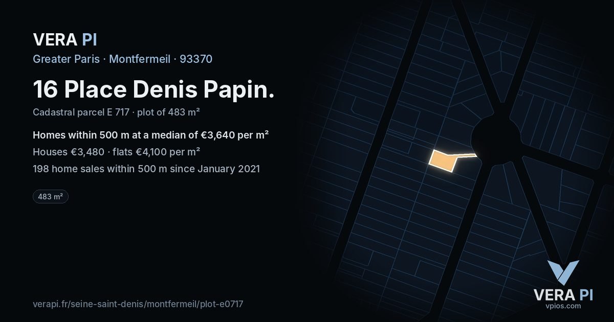 16 Place Denis Papin, Montfermeil at night – the plot lit, the parcels around coloured by the prices near them