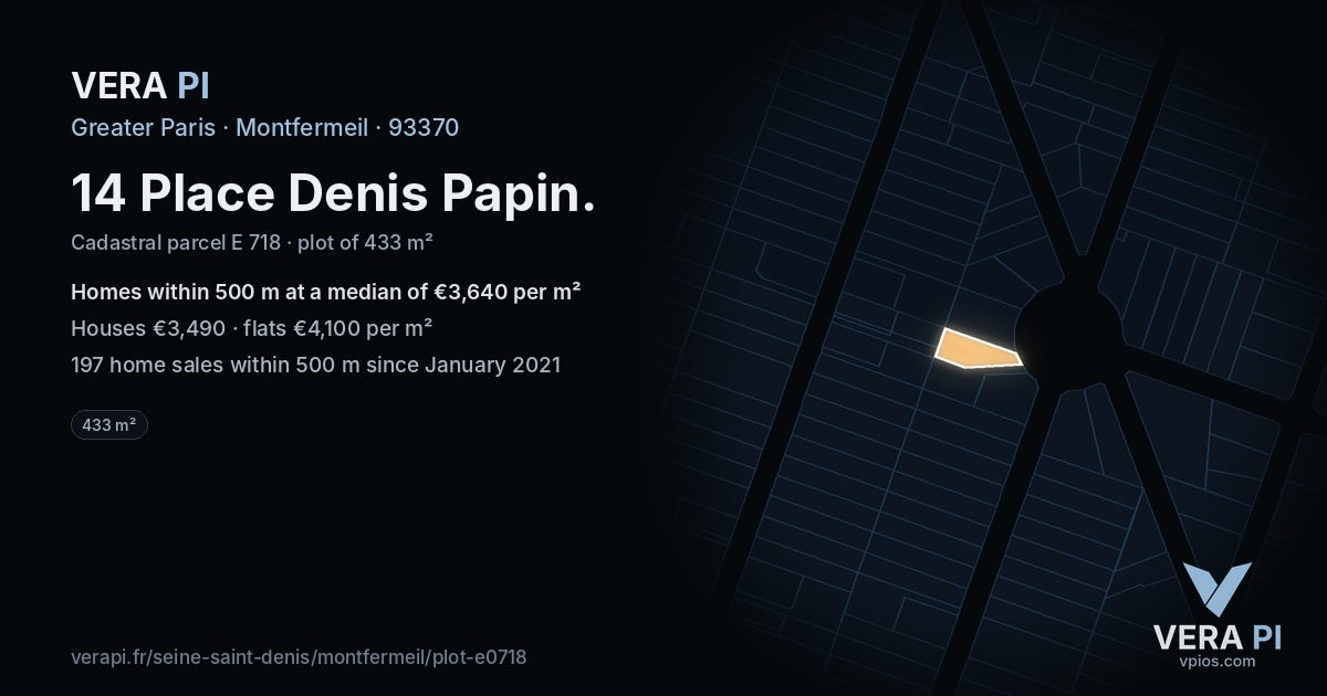14 Place Denis Papin, Montfermeil at night – the plot lit, the parcels around coloured by the prices near them