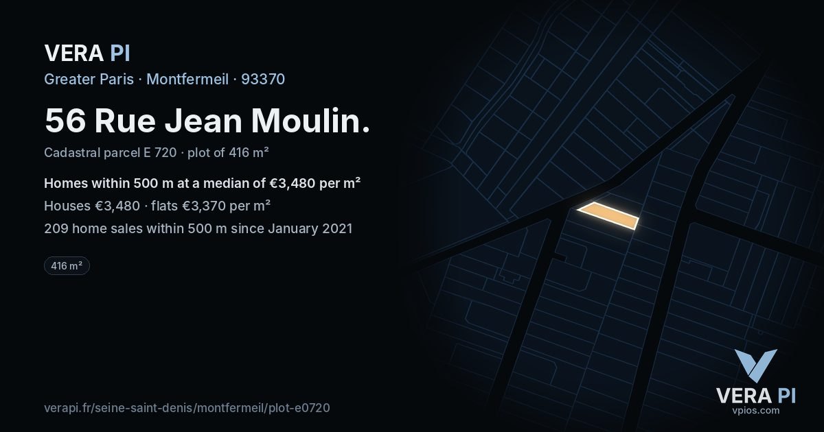 56 Rue Jean Moulin, Montfermeil at night – the plot lit, the parcels around coloured by the prices near them