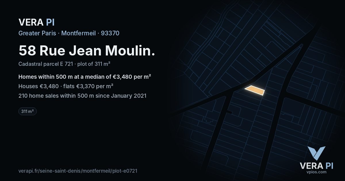 58 Rue Jean Moulin, Montfermeil at night – the plot lit, the parcels around coloured by the prices near them