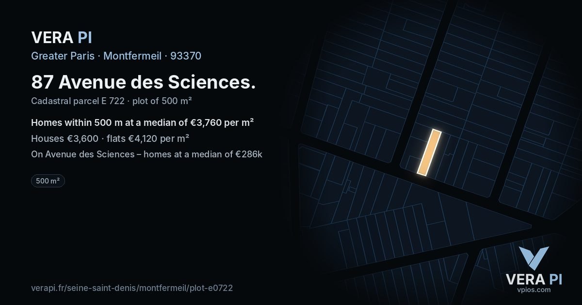87 Avenue des Sciences, Montfermeil at night – the plot lit, the parcels around coloured by the prices near them