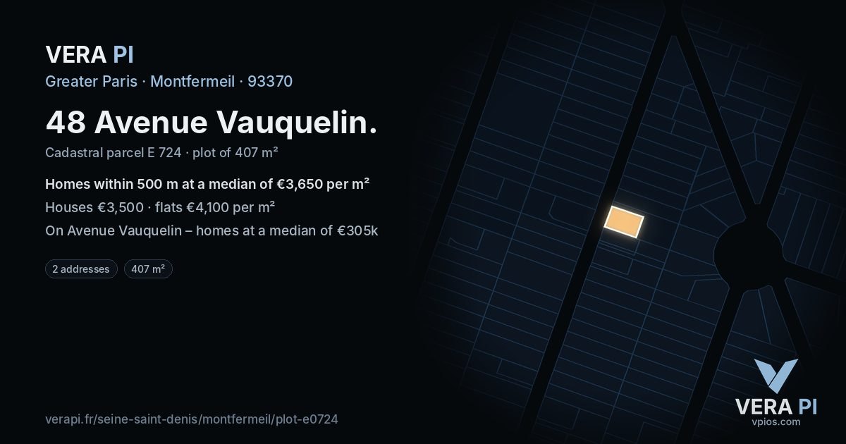 48 Avenue Vauquelin, Montfermeil at night – the plot lit, the parcels around coloured by the prices near them
