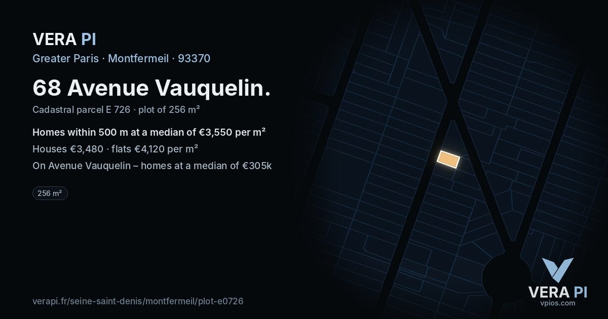 68 Avenue Vauquelin, Montfermeil at night – the plot lit, the parcels around coloured by the prices near them