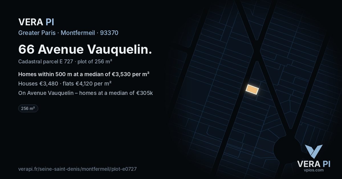 66 Avenue Vauquelin, Montfermeil at night – the plot lit, the parcels around coloured by the prices near them