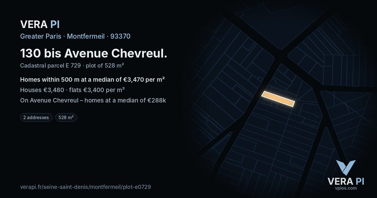 130 bis Avenue Chevreul, Montfermeil at night – the plot lit, the parcels around coloured by the prices near them