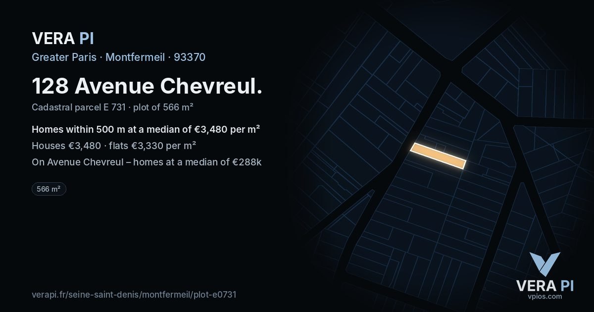 128 Avenue Chevreul, Montfermeil at night – the plot lit, the parcels around coloured by the prices near them