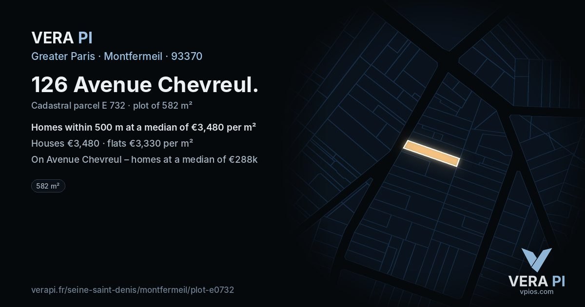 126 Avenue Chevreul, Montfermeil at night – the plot lit, the parcels around coloured by the prices near them