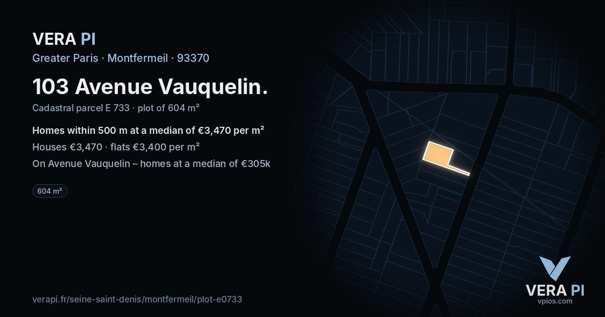103 Avenue Vauquelin, Montfermeil at night – the plot lit, the parcels around coloured by the prices near them