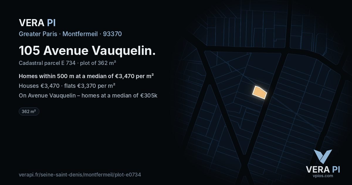 105 Avenue Vauquelin, Montfermeil at night – the plot lit, the parcels around coloured by the prices near them
