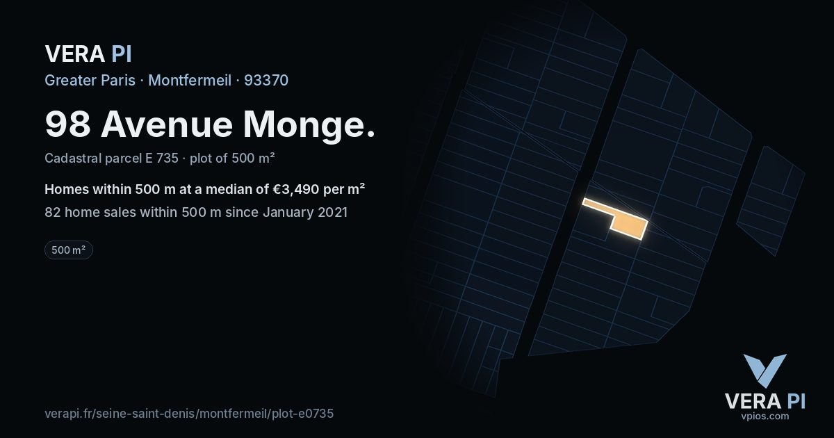 98 Avenue Monge, Montfermeil at night – the plot lit, the parcels around coloured by the prices near them