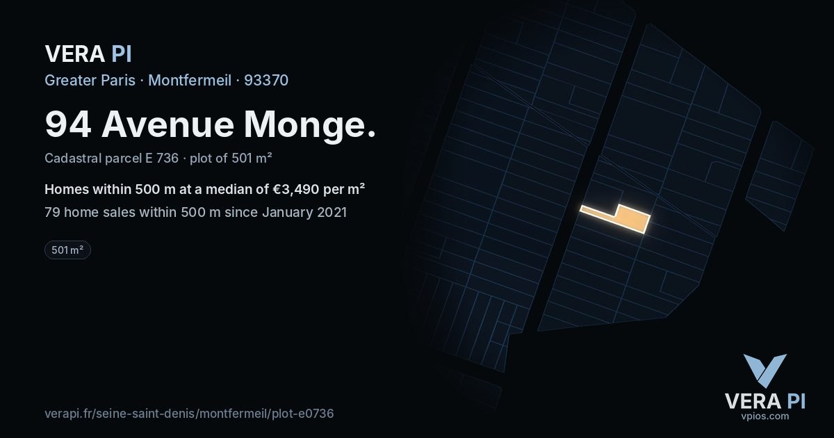 94 Avenue Monge, Montfermeil at night – the plot lit, the parcels around coloured by the prices near them