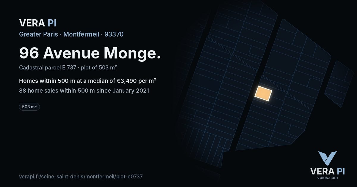 96 Avenue Monge, Montfermeil at night – the plot lit, the parcels around coloured by the prices near them