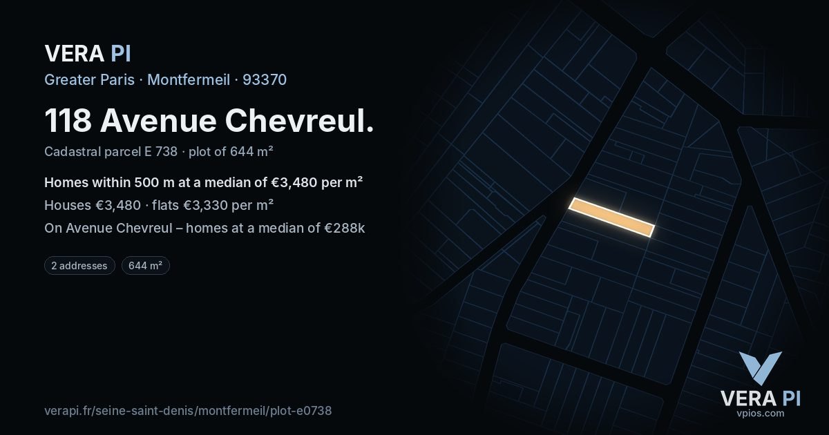 118 Avenue Chevreul, Montfermeil at night – the plot lit, the parcels around coloured by the prices near them