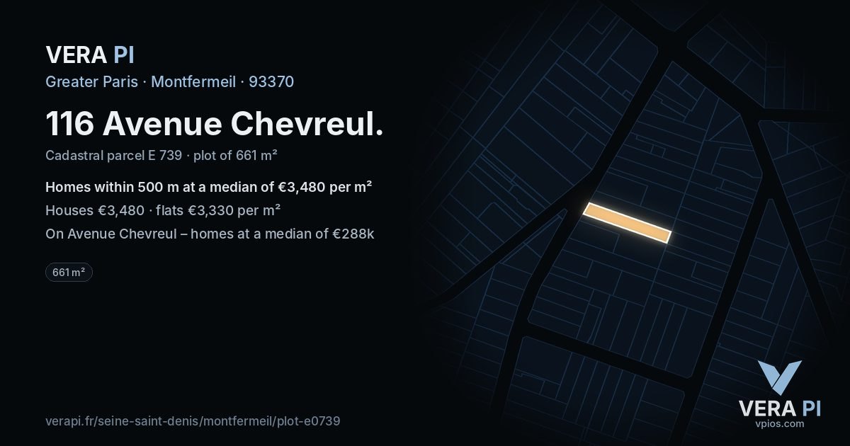 116 Avenue Chevreul, Montfermeil at night – the plot lit, the parcels around coloured by the prices near them