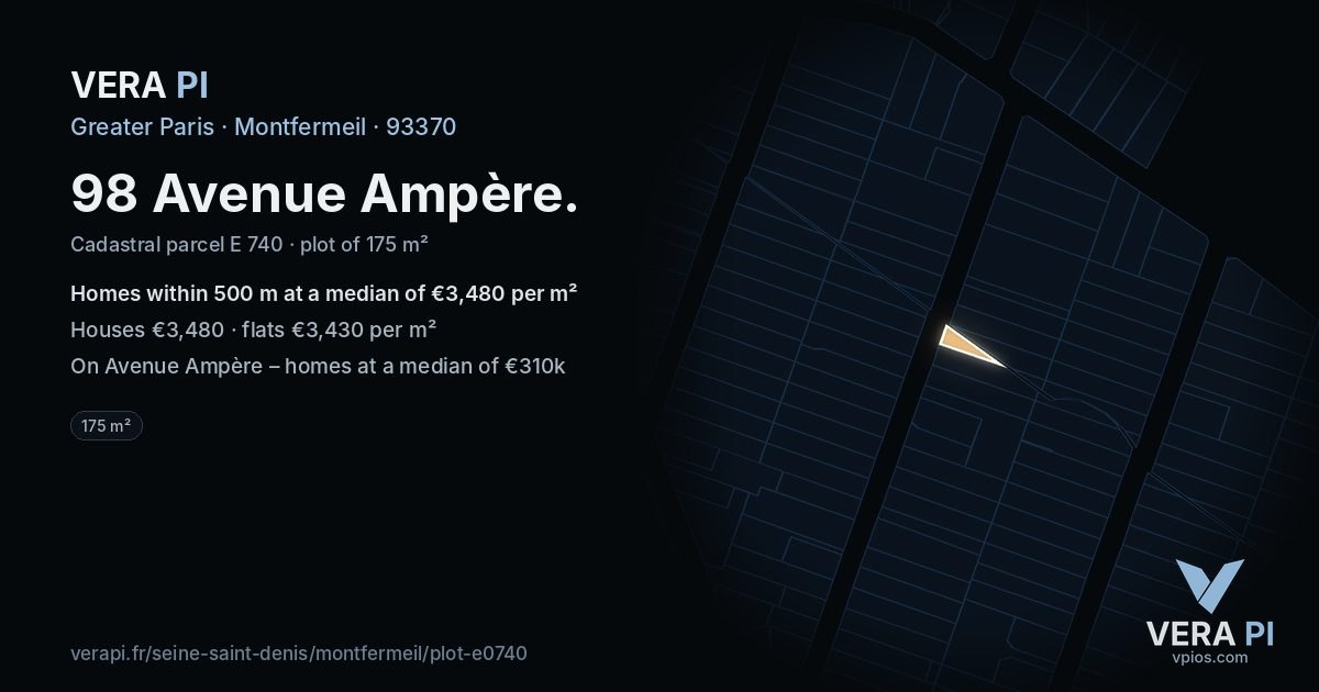 98 Avenue Ampère, Montfermeil at night – the plot lit, the parcels around coloured by the prices near them