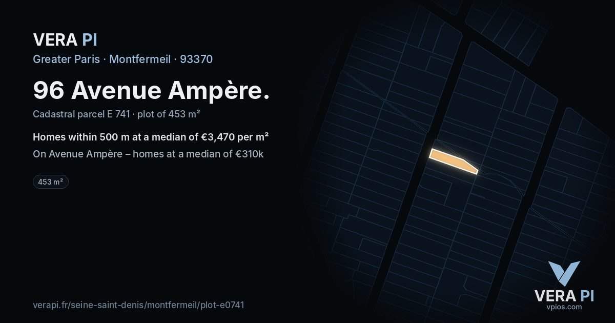 96 Avenue Ampère, Montfermeil at night – the plot lit, the parcels around coloured by the prices near them