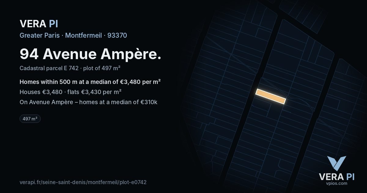 94 Avenue Ampère, Montfermeil at night – the plot lit, the parcels around coloured by the prices near them