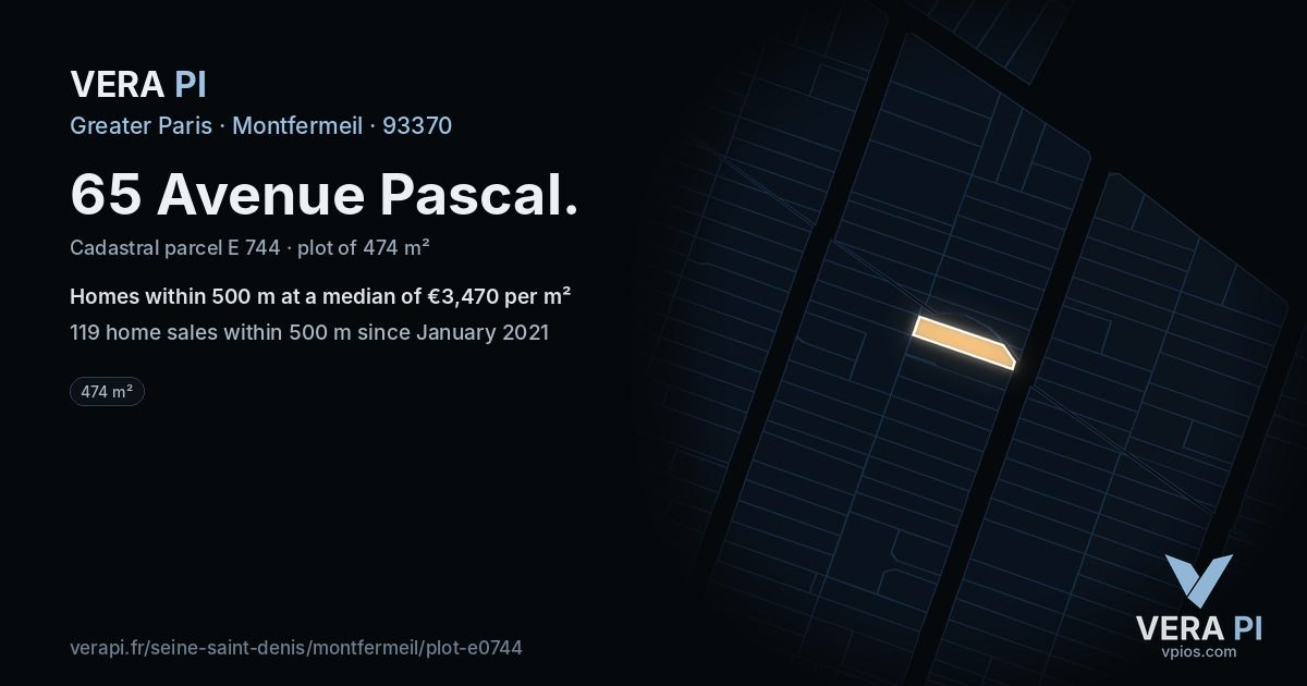 65 Avenue Pascal, Montfermeil at night – the plot lit, the parcels around coloured by the prices near them