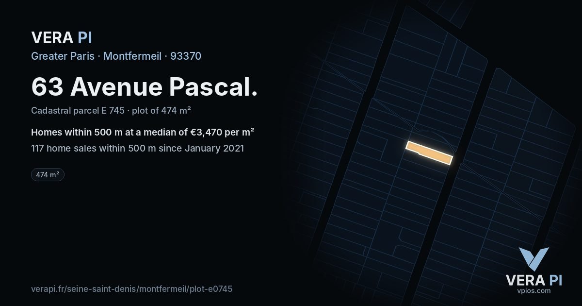 63 Avenue Pascal, Montfermeil at night – the plot lit, the parcels around coloured by the prices near them