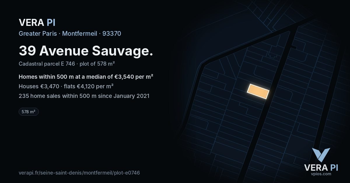 39 Avenue Sauvage, Montfermeil at night – the plot lit, the parcels around coloured by the prices near them