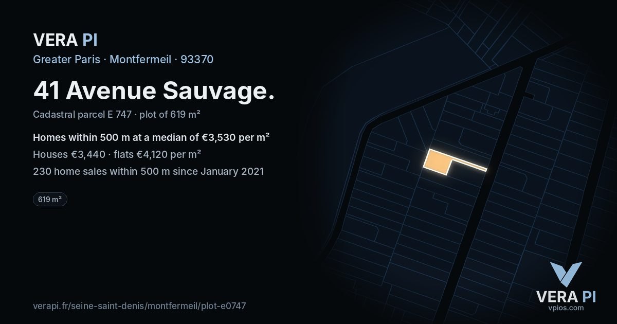 41 Avenue Sauvage, Montfermeil at night – the plot lit, the parcels around coloured by the prices near them