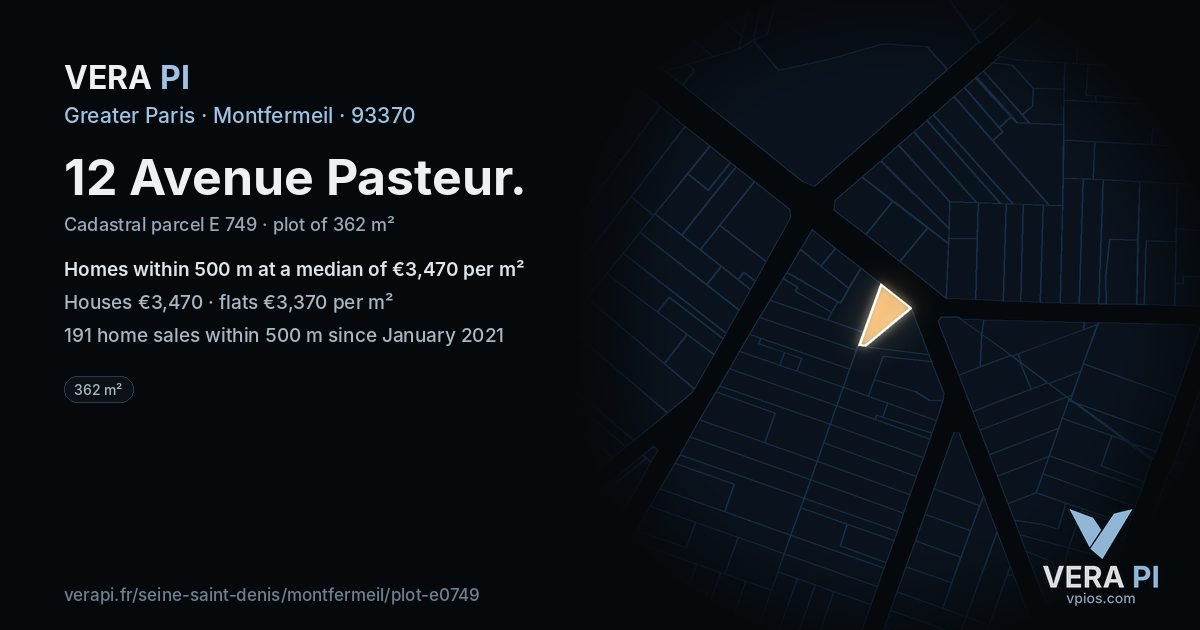 12 Avenue Pasteur, Montfermeil at night – the plot lit, the parcels around coloured by the prices near them