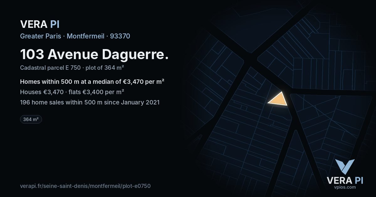 103 Avenue Daguerre, Montfermeil at night – the plot lit, the parcels around coloured by the prices near them