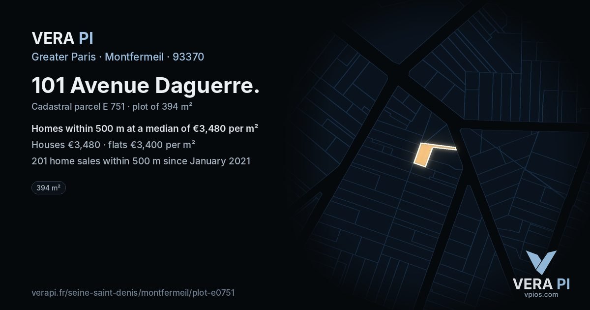 101 Avenue Daguerre, Montfermeil at night – the plot lit, the parcels around coloured by the prices near them