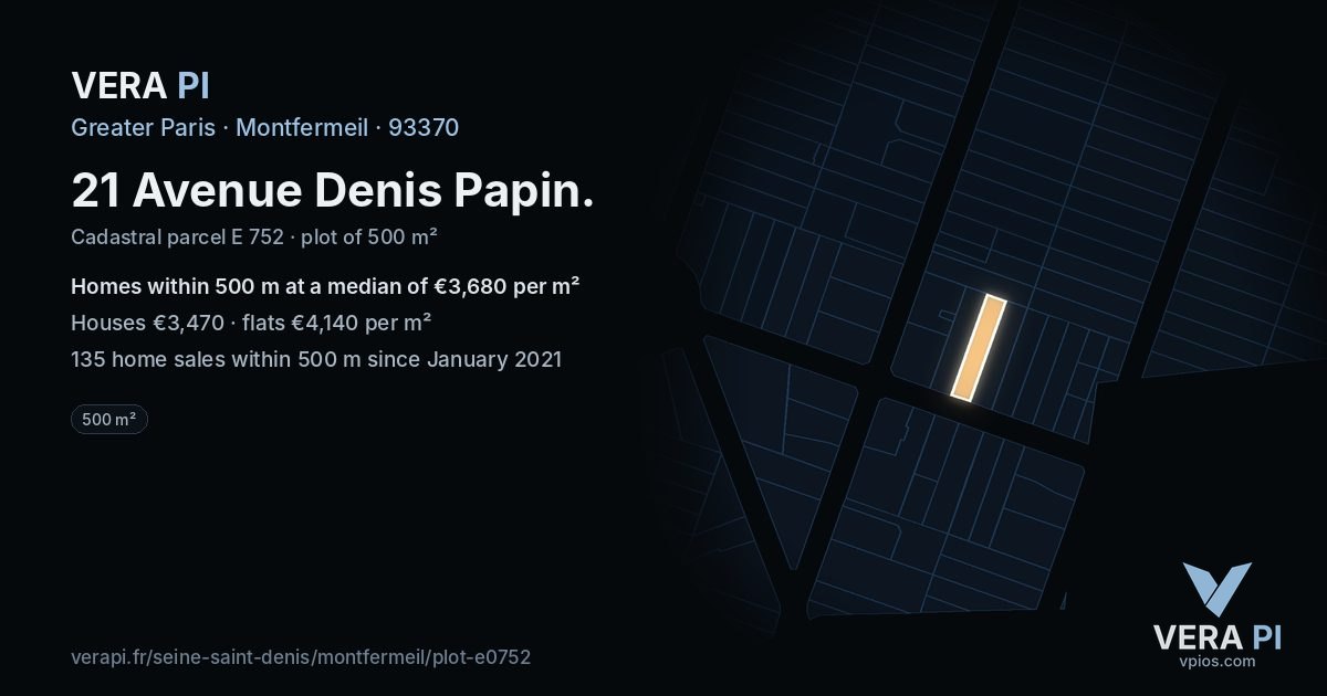 21 Avenue Denis Papin, Montfermeil at night – the plot lit, the parcels around coloured by the prices near them