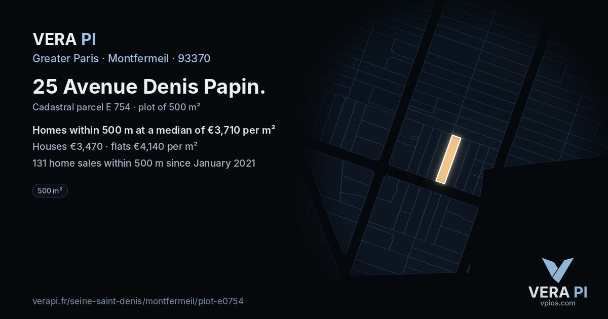 25 Avenue Denis Papin, Montfermeil at night – the plot lit, the parcels around coloured by the prices near them