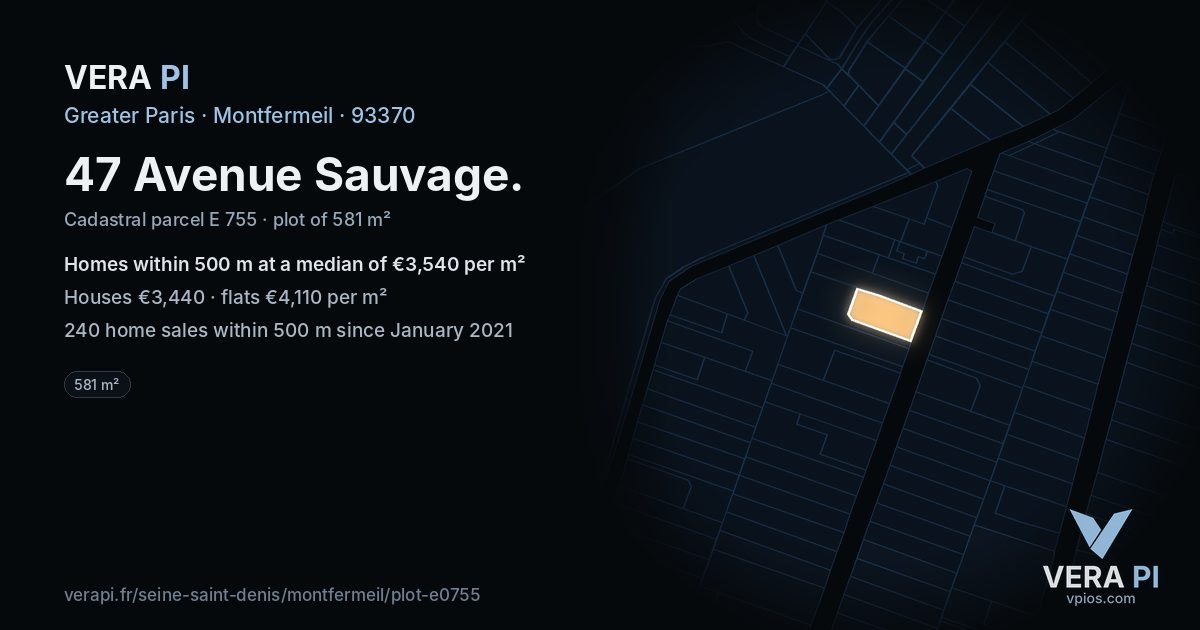 47 Avenue Sauvage, Montfermeil at night – the plot lit, the parcels around coloured by the prices near them