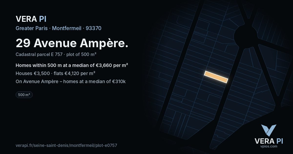 29 Avenue Ampère, Montfermeil at night – the plot lit, the parcels around coloured by the prices near them