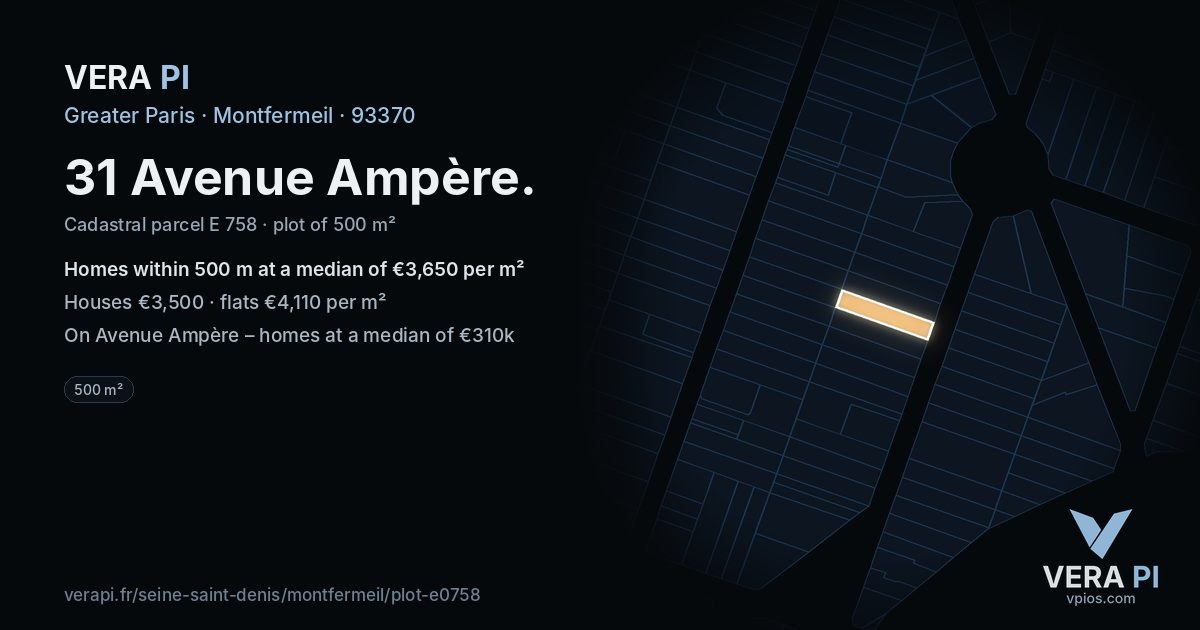 31 Avenue Ampère, Montfermeil at night – the plot lit, the parcels around coloured by the prices near them
